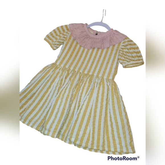 Sadie Then Ty Yellow White Stripe Pink Linen Collar Short Sleeve Dress 4/5 Years - Picture 4 of 8